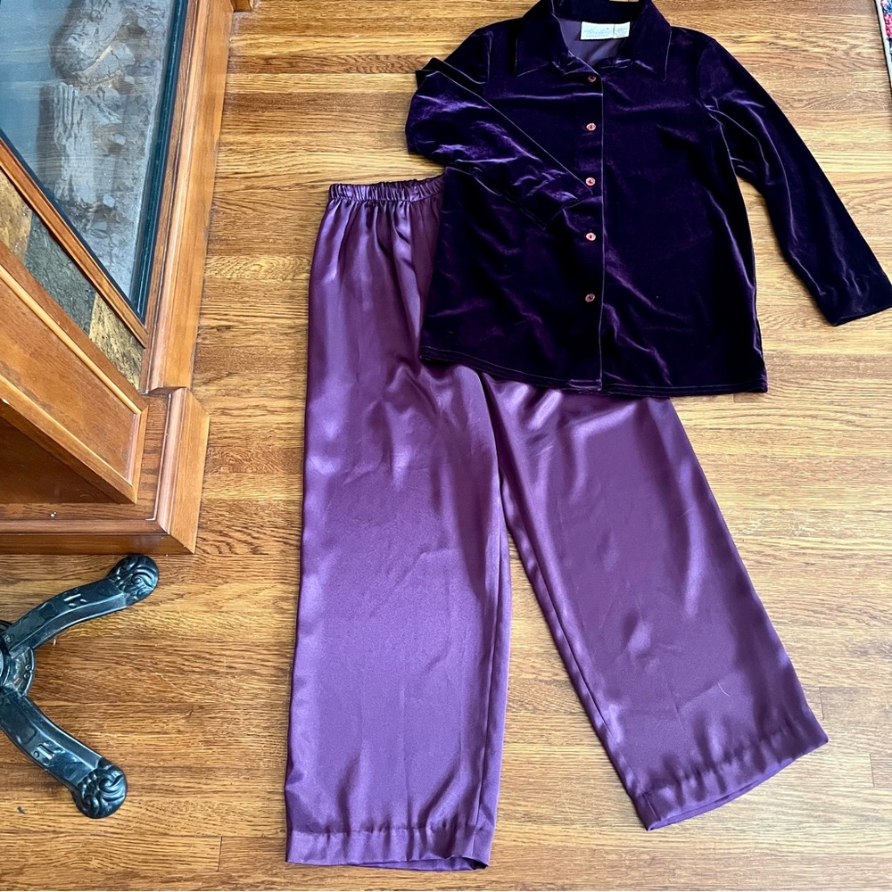 vintage 90s Purple velvet pants shirt set satin M holiday Y2K 90s Wide leg
